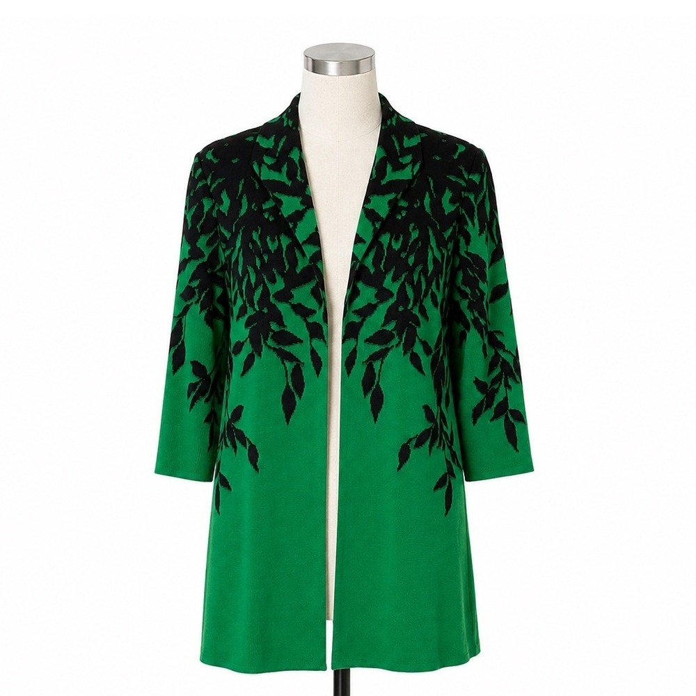 Ming Wang Floral Cascade Flat Knit Jacket Women's Small Green Cardigan Sweater